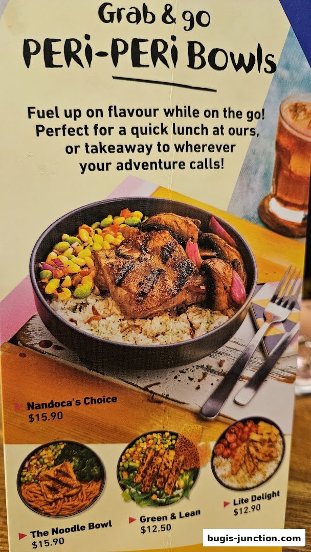 A menu showcasing Nandos Peri-Peri Bowls with various options and prices.