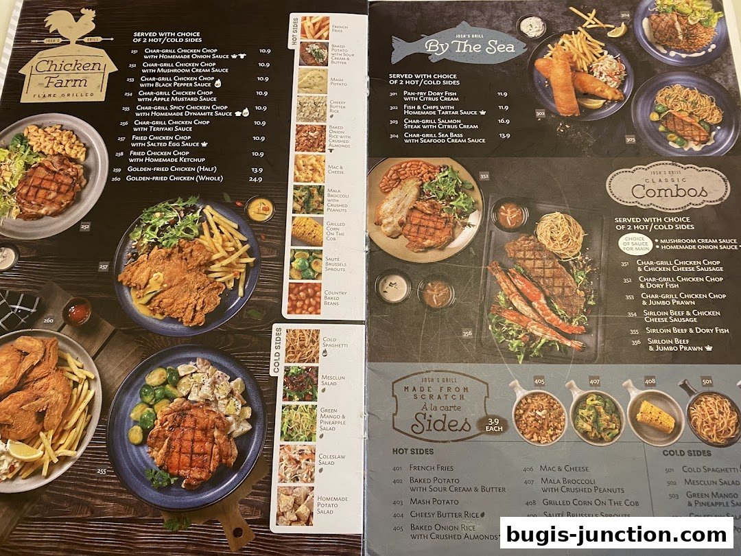 A menu from Josh's Grill featuring chicken, seafood, and combo meals with various sides.