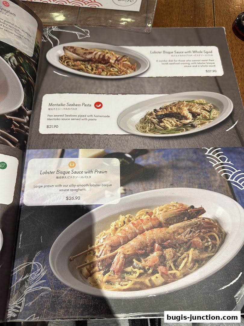 A menu featuring seafood pasta dishes with detailed descriptions and prices.