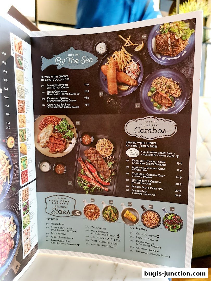 A menu from Josh's Grill featuring seafood dishes, classic combos, and a variety of hot and cold sides.