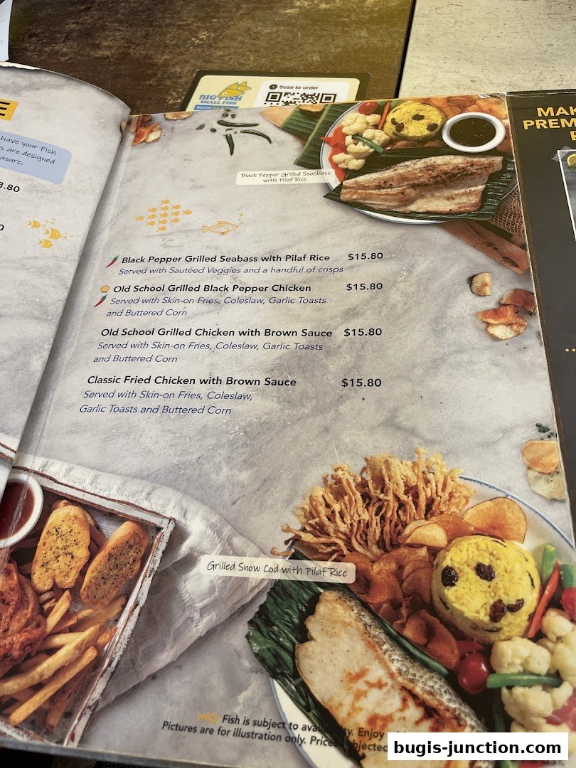 A menu from Big Fish Small Fish featuring grilled fish and chicken dishes with sides.
