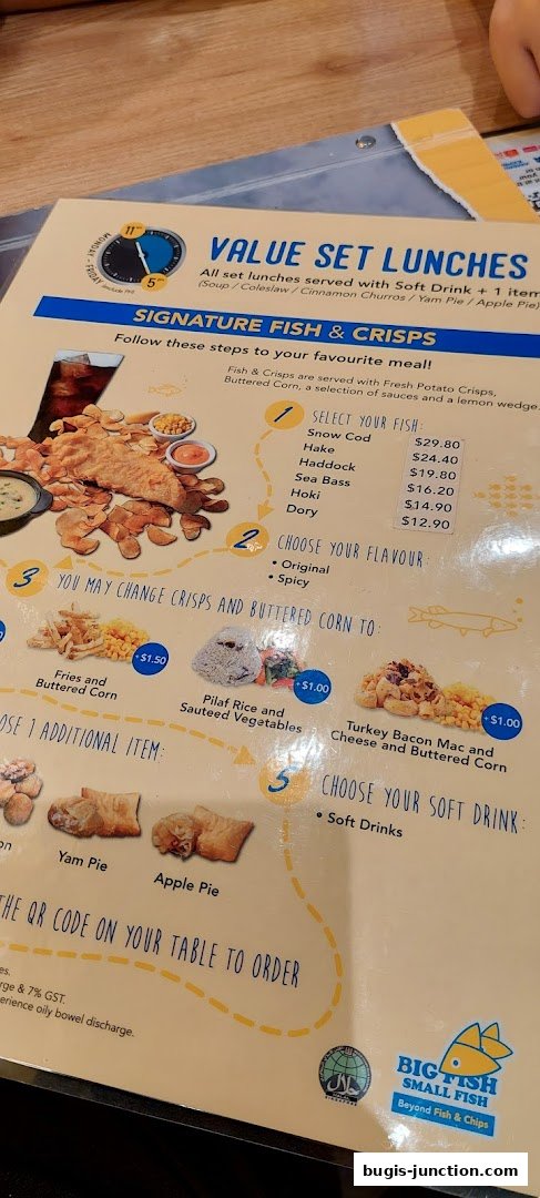 A menu from Big Fish Small Fish showcasing their signature fish and crisps with various customization options.