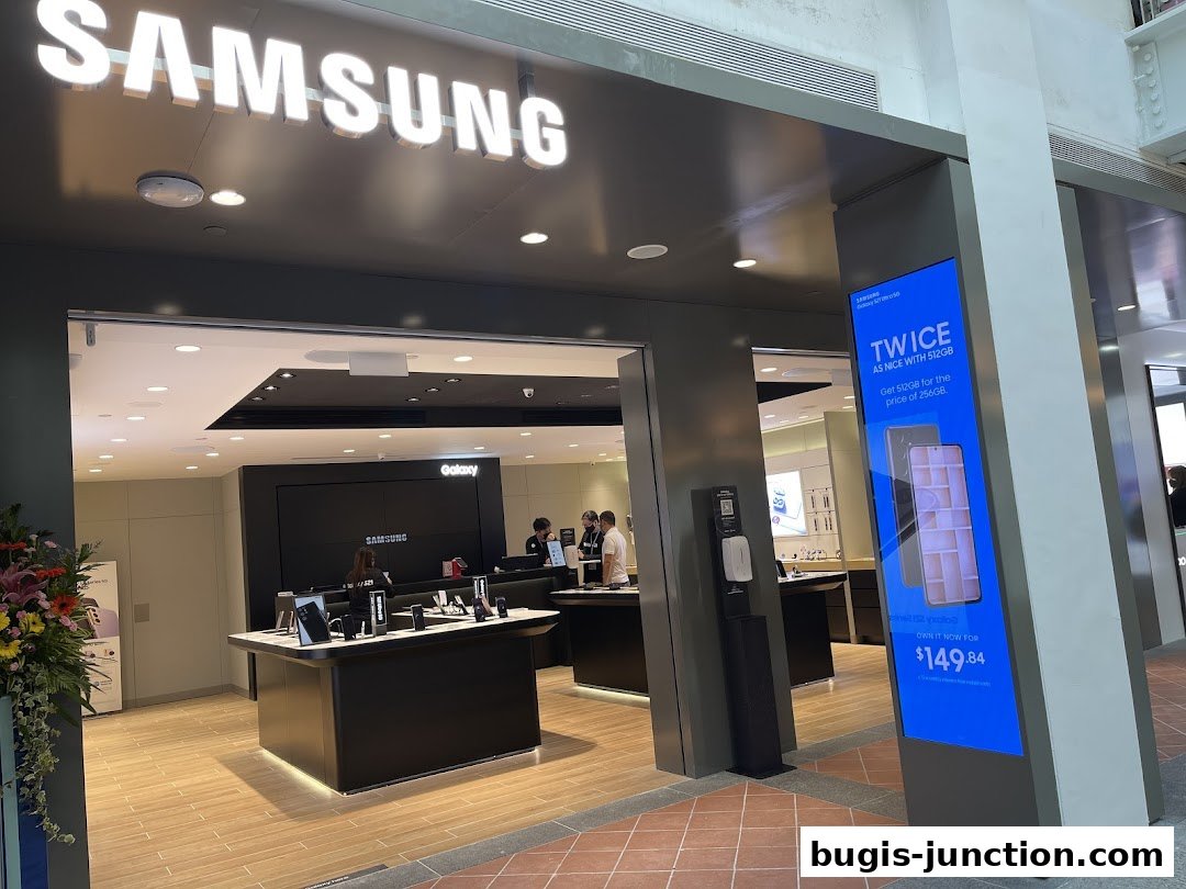 The entrance of a Samsung Experience Store with illuminated signage and product displays.