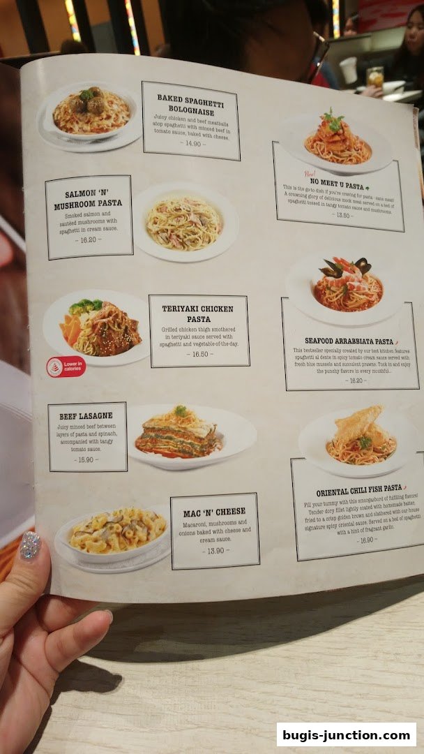 A menu from Swensen's featuring various pasta dishes and lasagne.