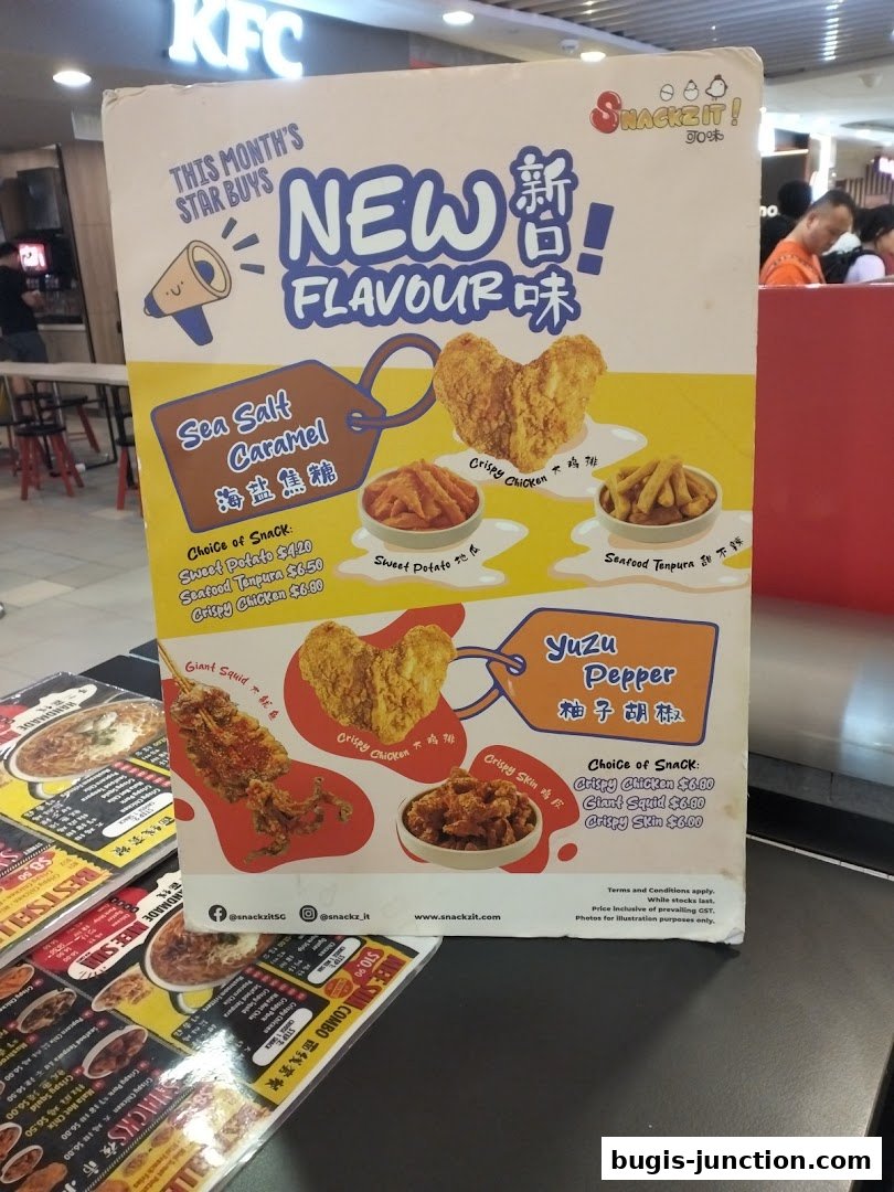 A menu board from Snackz It! showcasing new flavors like Sea Salt Caramel and Yuzu Pepper.