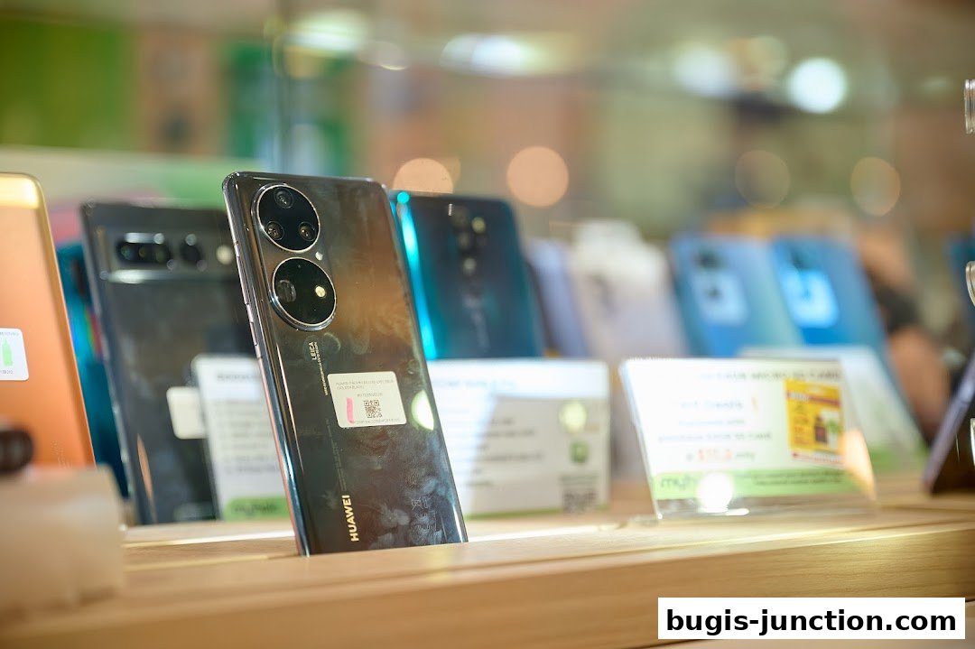 A display of various Huawei smartphones, showcasing their sleek designs and camera features.