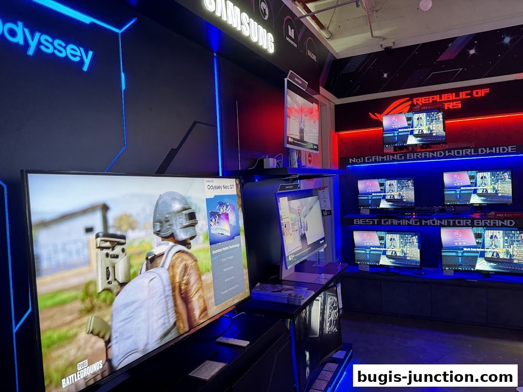 A store display featuring Samsung Odyssey gaming monitors and a large TV showcasing PUBG.