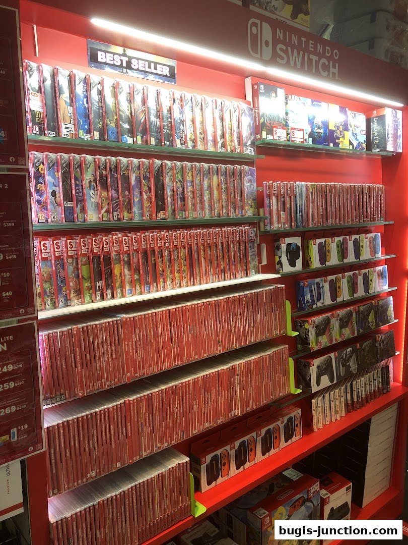 A display of Nintendo Switch games and accessories, with a 'Best Seller' sign.