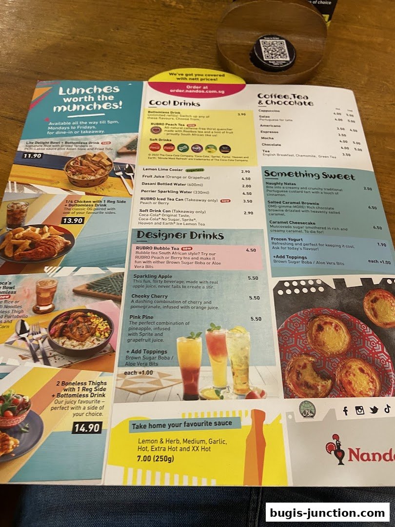A Nando's menu featuring lunches, drinks, desserts, and sauces with prices.