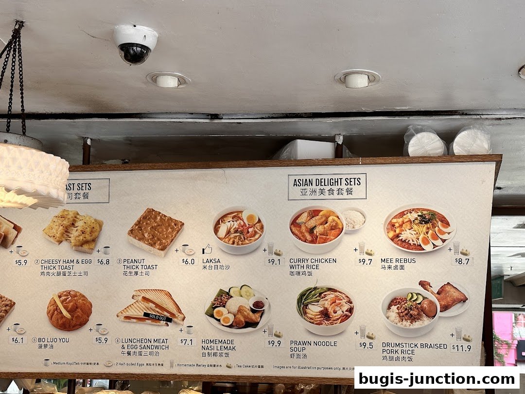 A menu board displaying various Asian and breakfast sets with food images and prices.