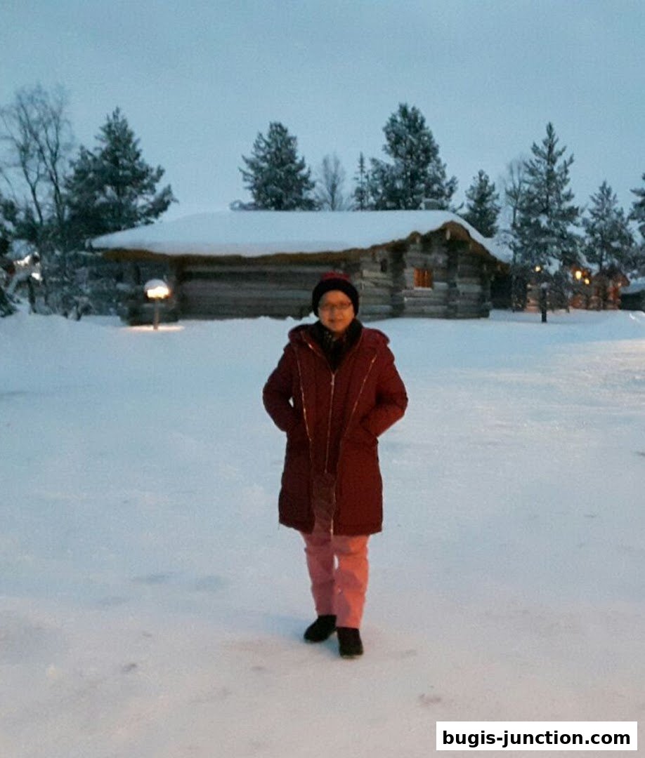 A person stands in the snow in front of a rustic log cabin with a snow-covered roof.