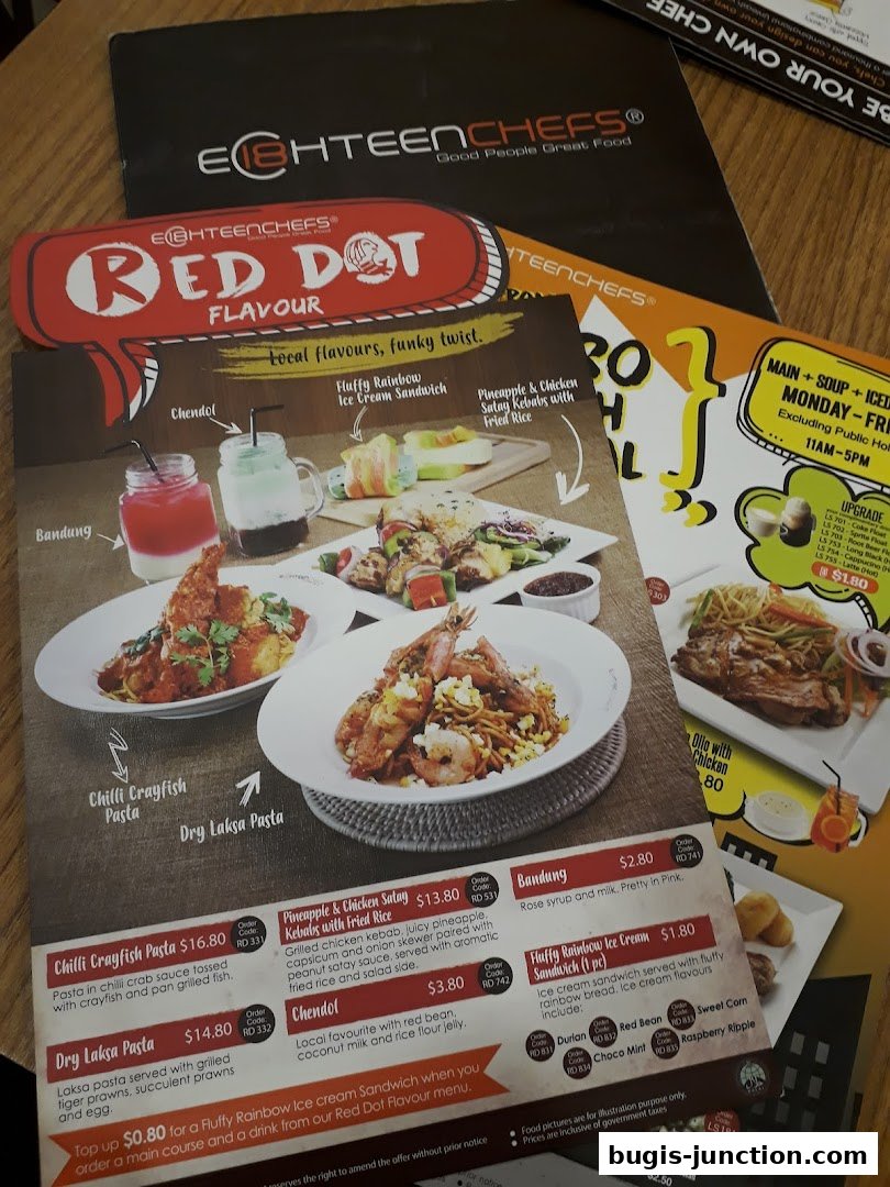 A menu from Eighteen Chefs featuring various pasta dishes, local flavors, and ice cream sandwiches.