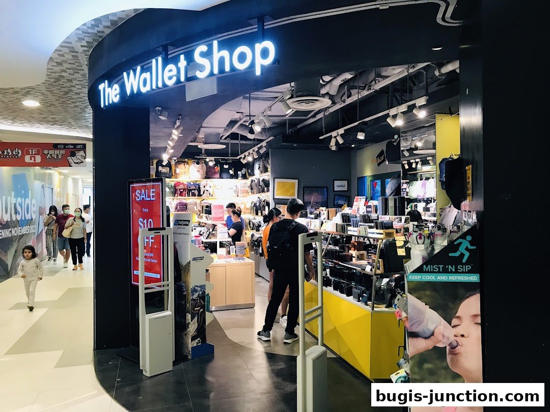 The exterior of 'The Wallet Shop' showcasing a variety of wallets and accessories.