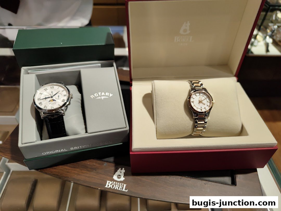 Two elegant watches, one Rotary and one Ernest Borel, displayed in their boxes.