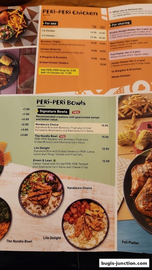 A menu featuring Peri-Peri Chicken dishes and bowls with prices and descriptions.