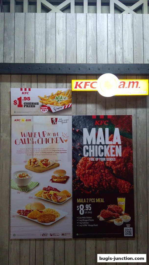 KFC advertisements featuring cheese fries, breakfast items, and Mala Chicken.