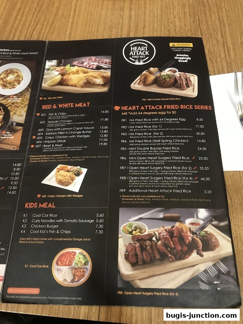 A menu from Eighteen Chefs featuring various fried rice dishes and other meals.