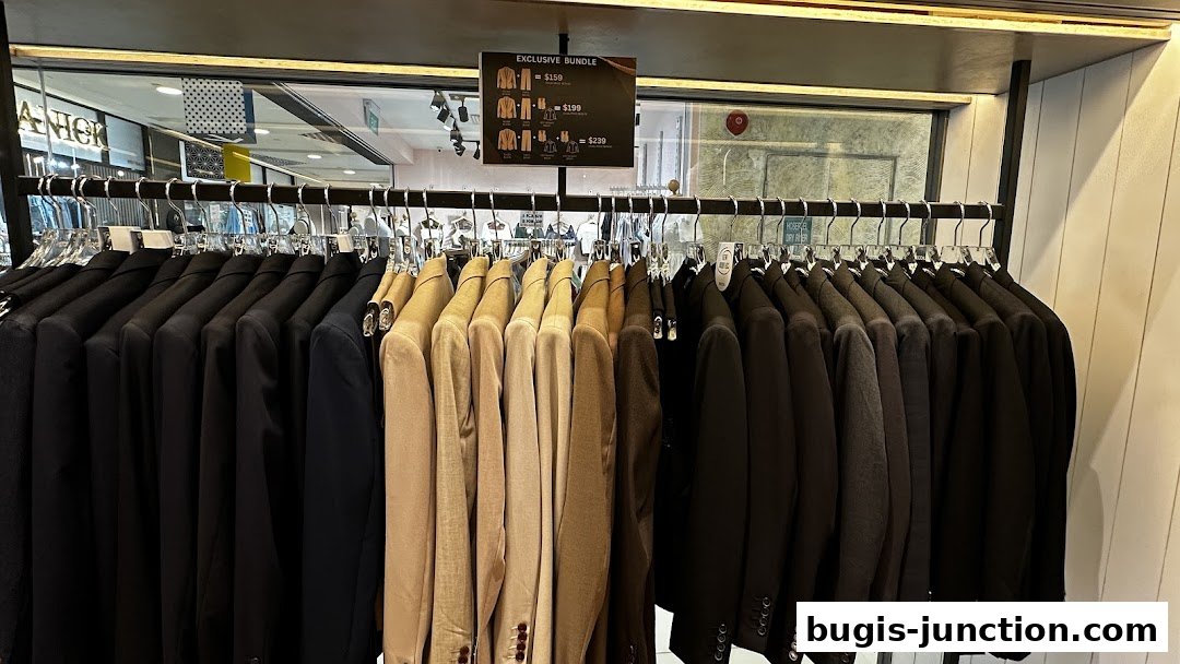 A rack of men's blazers in various colors, with a promotional sign for an exclusive bundle.