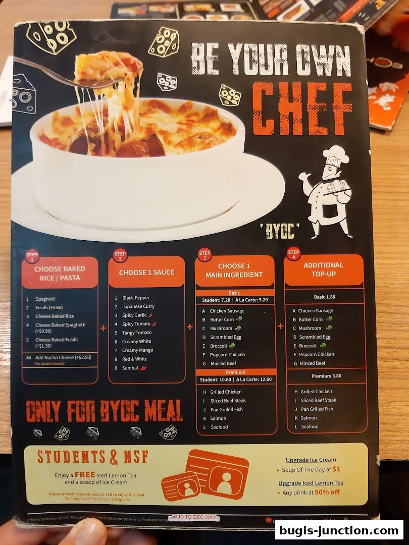 A menu for Eighteen Chefs Bugis Junction showcasing their 'Be Your Own Chef' concept with customizable meals.