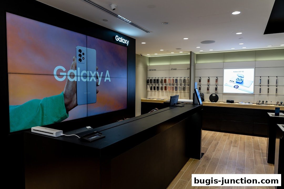 Interior of a Samsung Experience Store showcasing Galaxy phones and accessories.