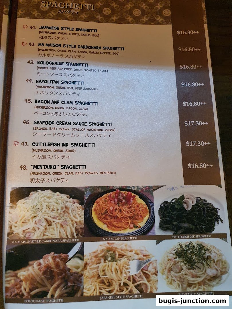 A menu page showcasing various spaghetti dishes with accompanying images.