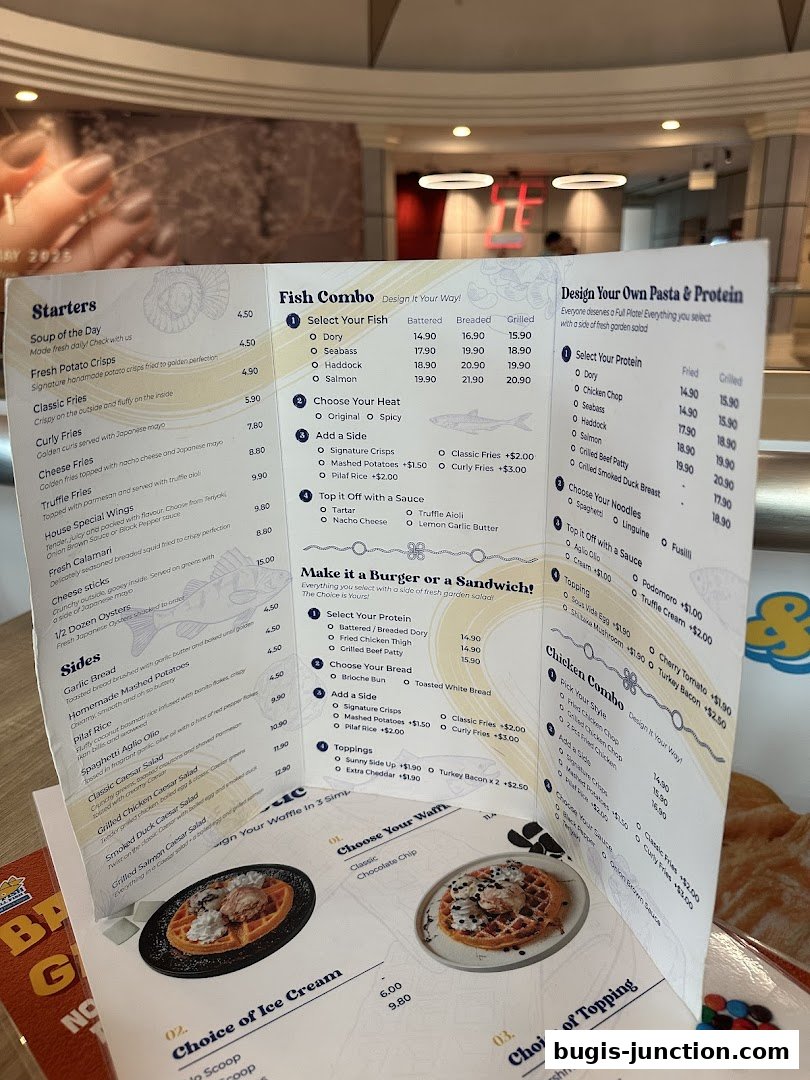 A menu from Big Fish Small Fish featuring fish combos, pasta, burgers, sandwiches, and chicken combos.