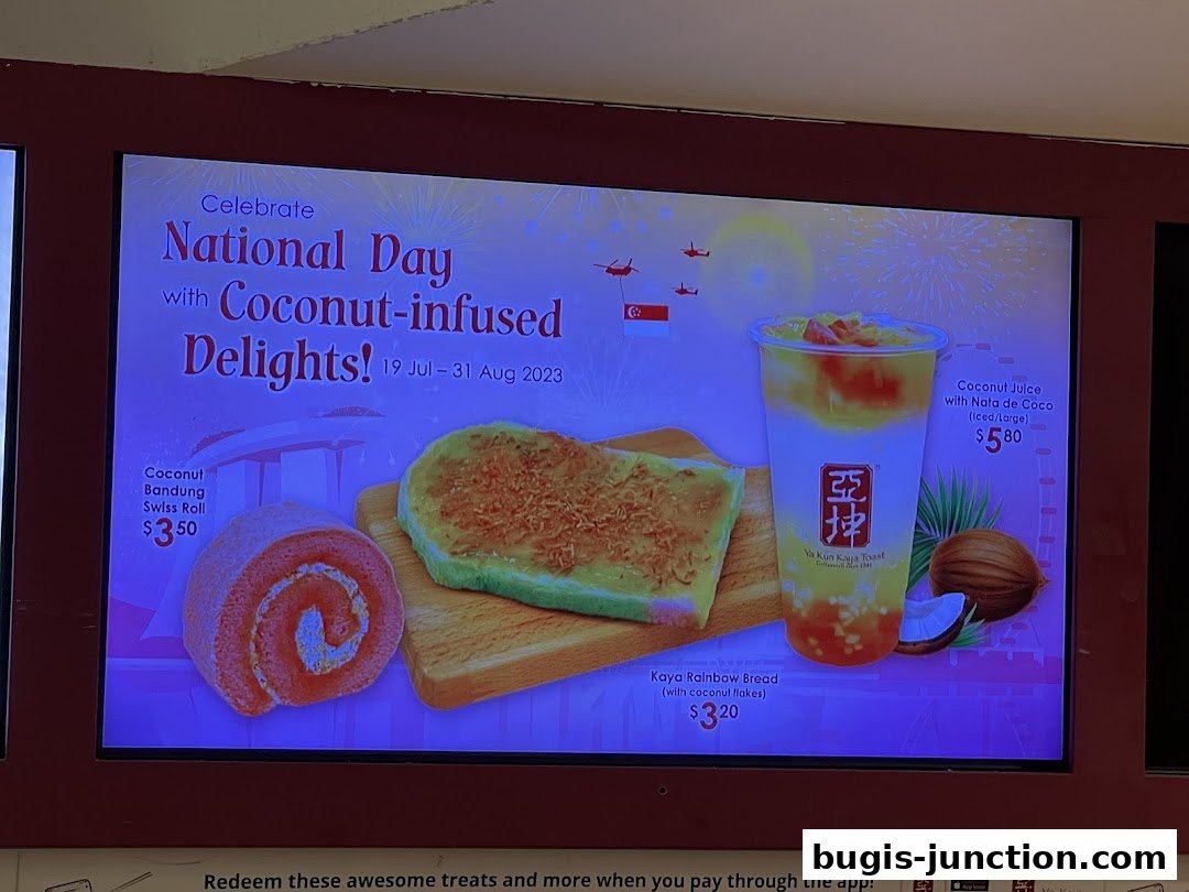 A digital display showcasing Ya Kun Kaya Toast's National Day specials with coconut-infused delights.