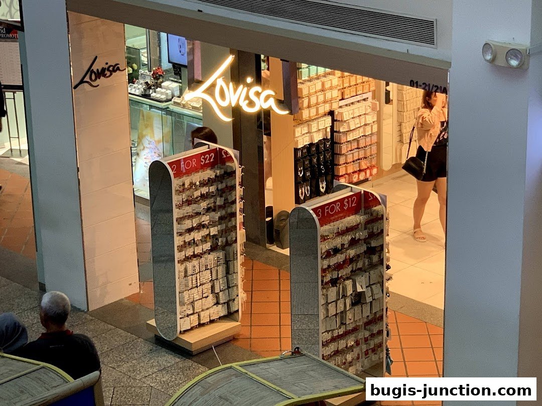 The Lovisa jewelry store entrance displays promotional offers and a variety of accessories.