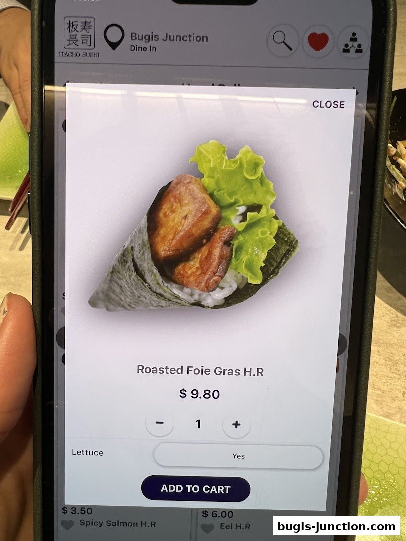 A mobile app screen displaying a sushi item with its price and customization options.