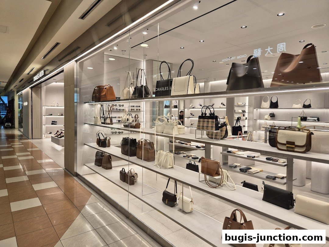 A well-lit retail store showcasing a variety of stylish handbags and shoes on display shelves.
