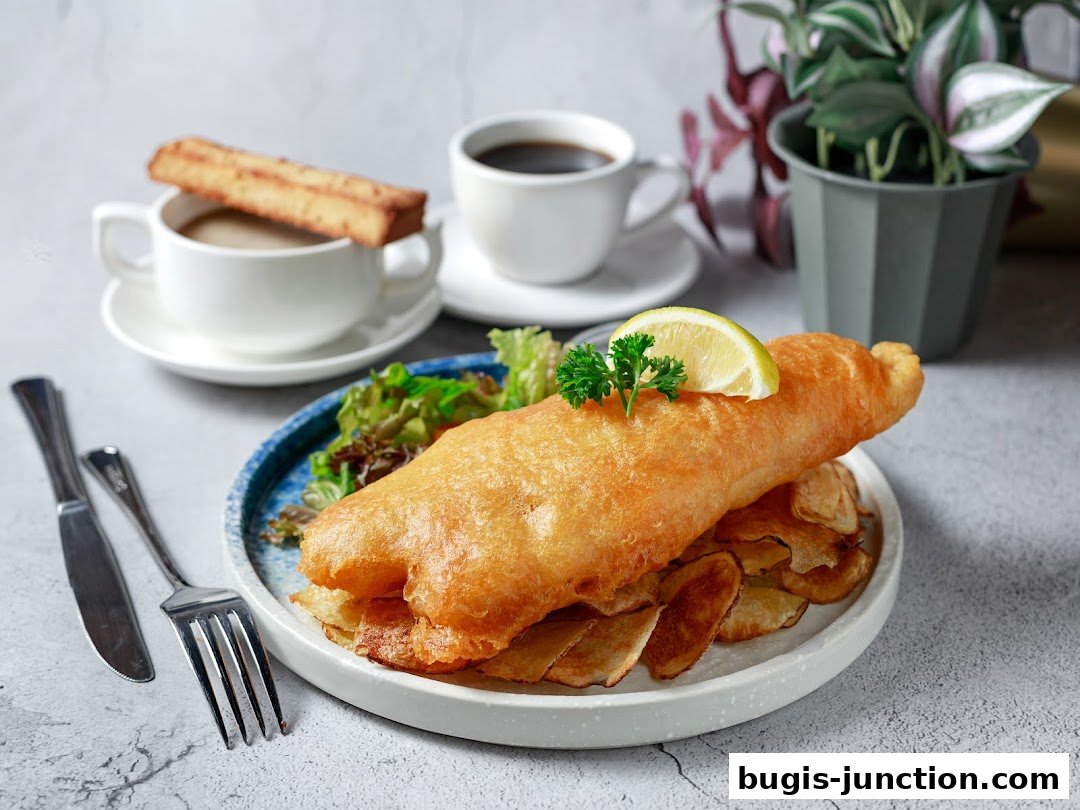 A golden-brown battered fish fillet served with chips and a side salad, accompanied by coffee.