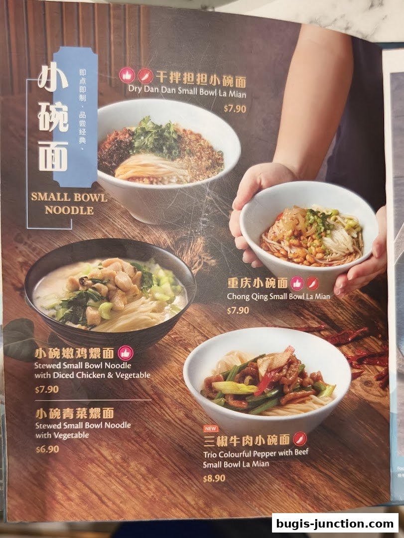 A menu showcasing various small bowl noodle dishes with appetizing visuals.