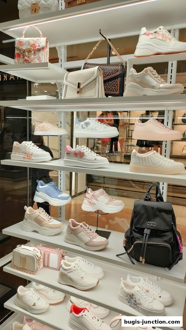 A display of fashionable women's shoes and handbags on shelves in a retail store.