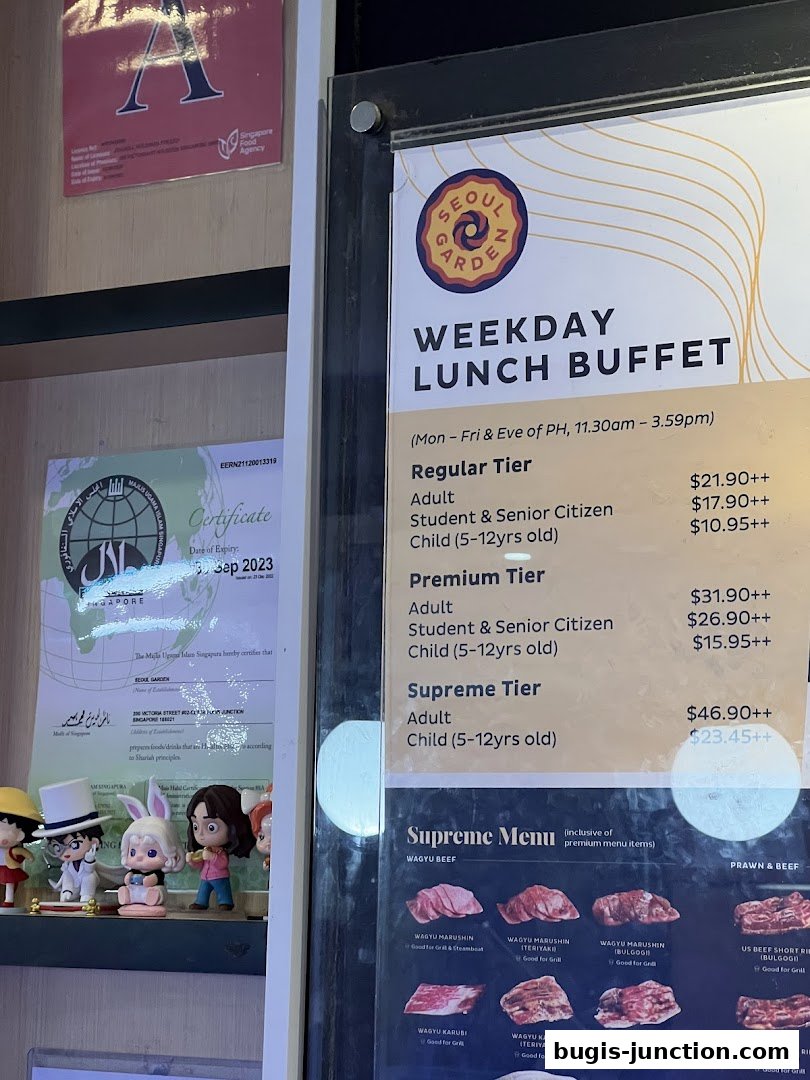 A menu board for Seoul Garden's Weekday Lunch Buffet, showcasing different tiers and meat options.