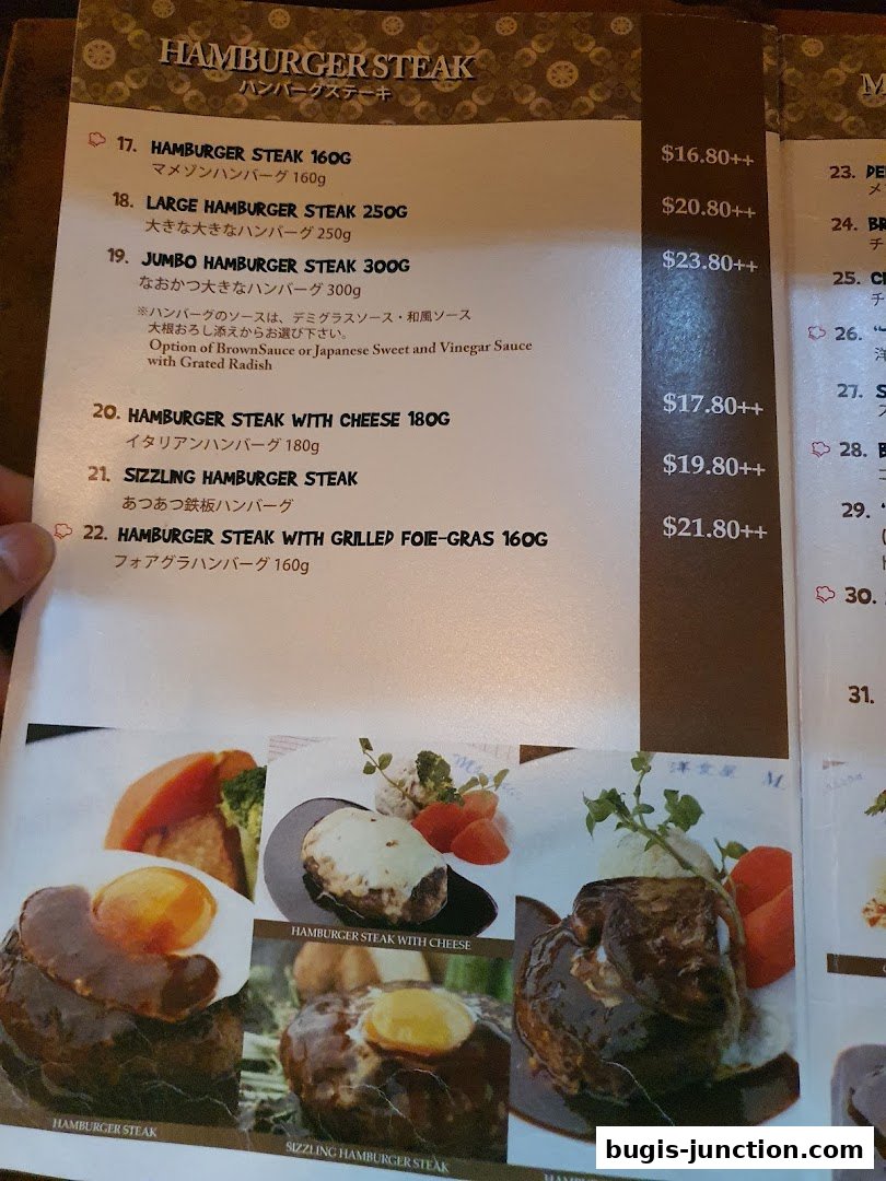 A menu page showcasing various hamburger steak options with prices and descriptions.
