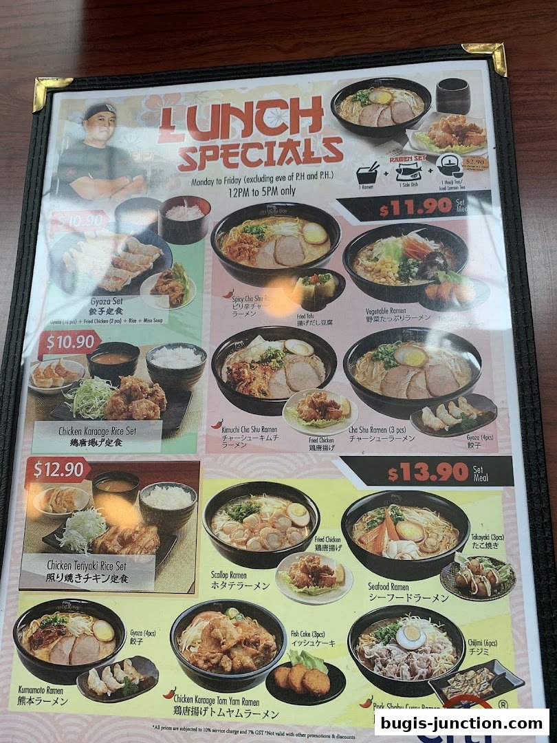 A menu from Ajisen Ramen featuring lunch specials with various ramen and rice sets.