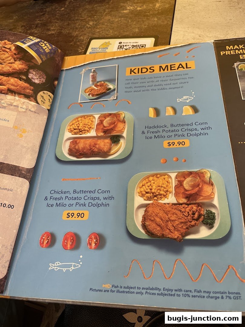 A menu page showcasing kids' meals with fish and chicken options.