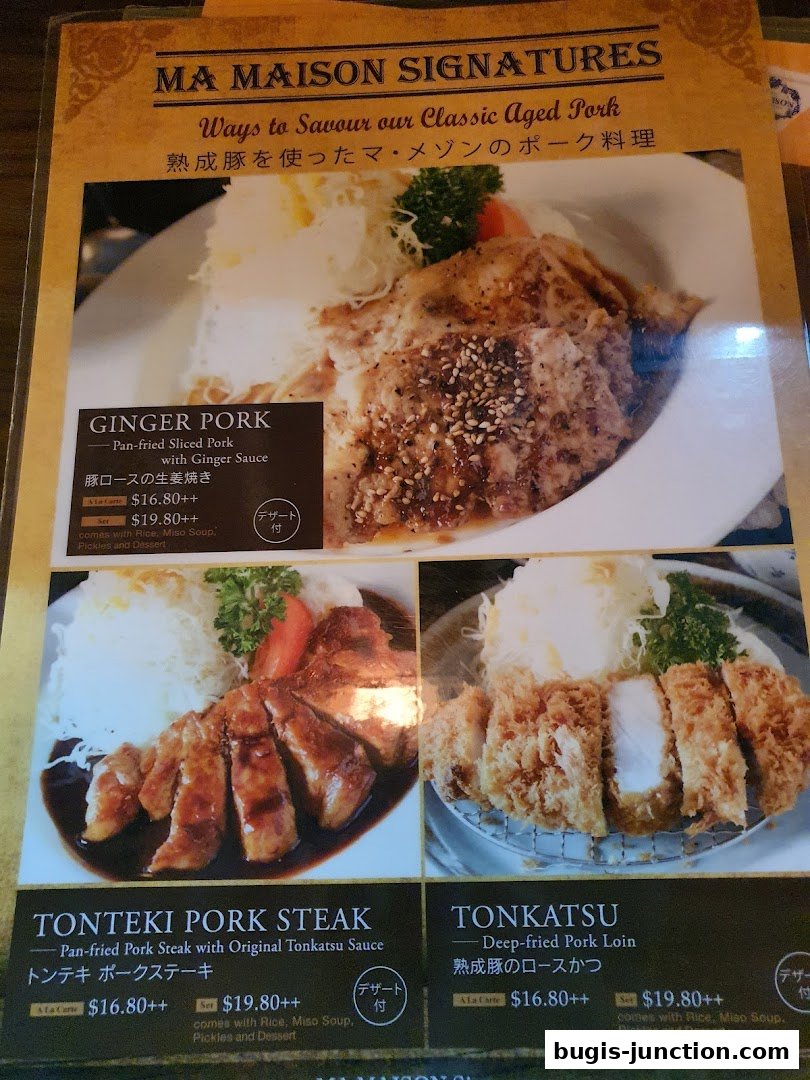 A menu showcasing signature pork dishes from MA MAISON, featuring Ginger Pork, Tonteki Pork Steak, and Tonkatsu.