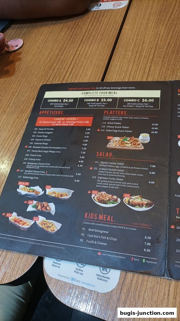 A menu from Eighteen Chefs Bugis Junction featuring appetizers, platters, salads, and kids' meals.