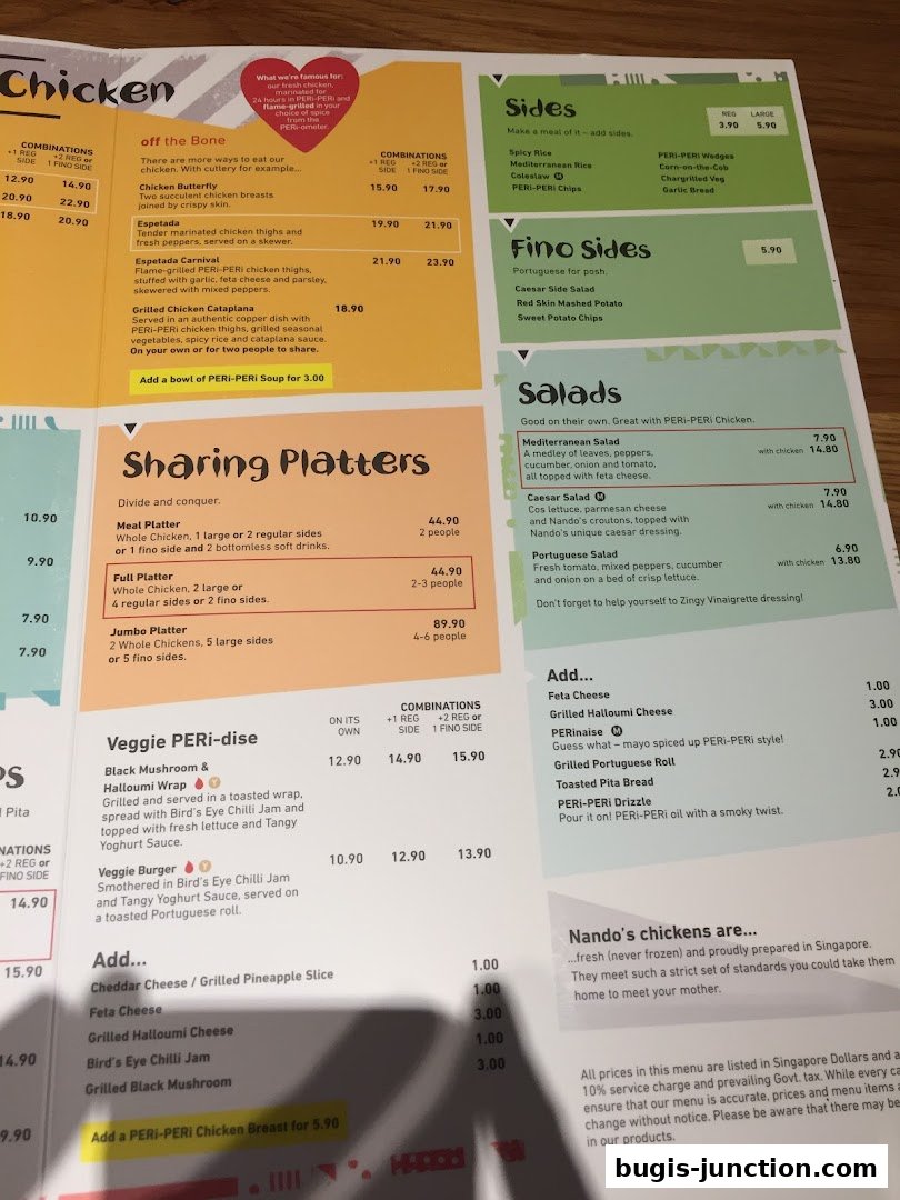 A menu from Nandos featuring chicken dishes, sides, salads, and platters.