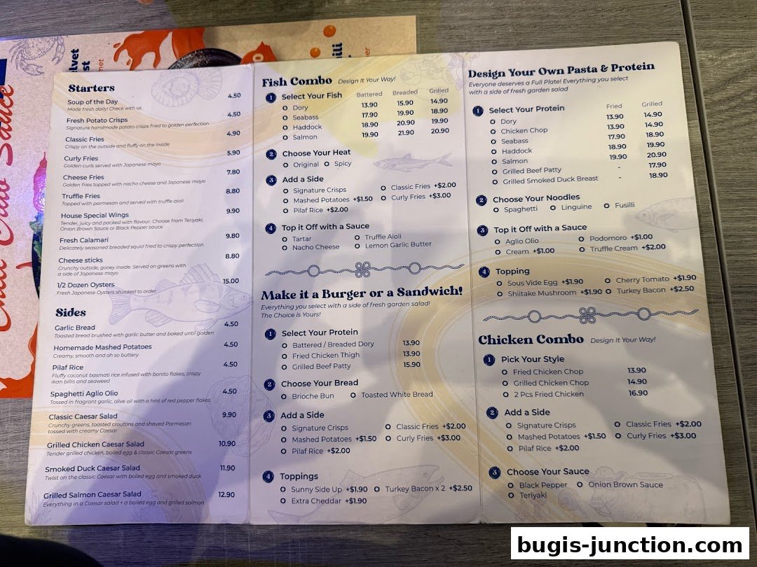 A menu from Big Fish Small Fish featuring starters, fish combos, pasta, and chicken combos.