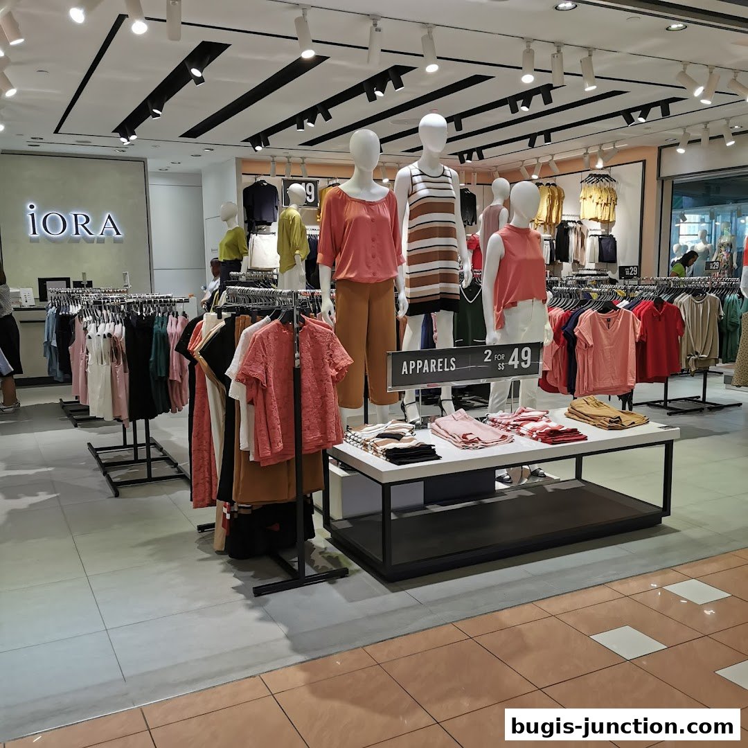 Interior view of a clothing store with mannequins displaying apparel and racks of clothes.