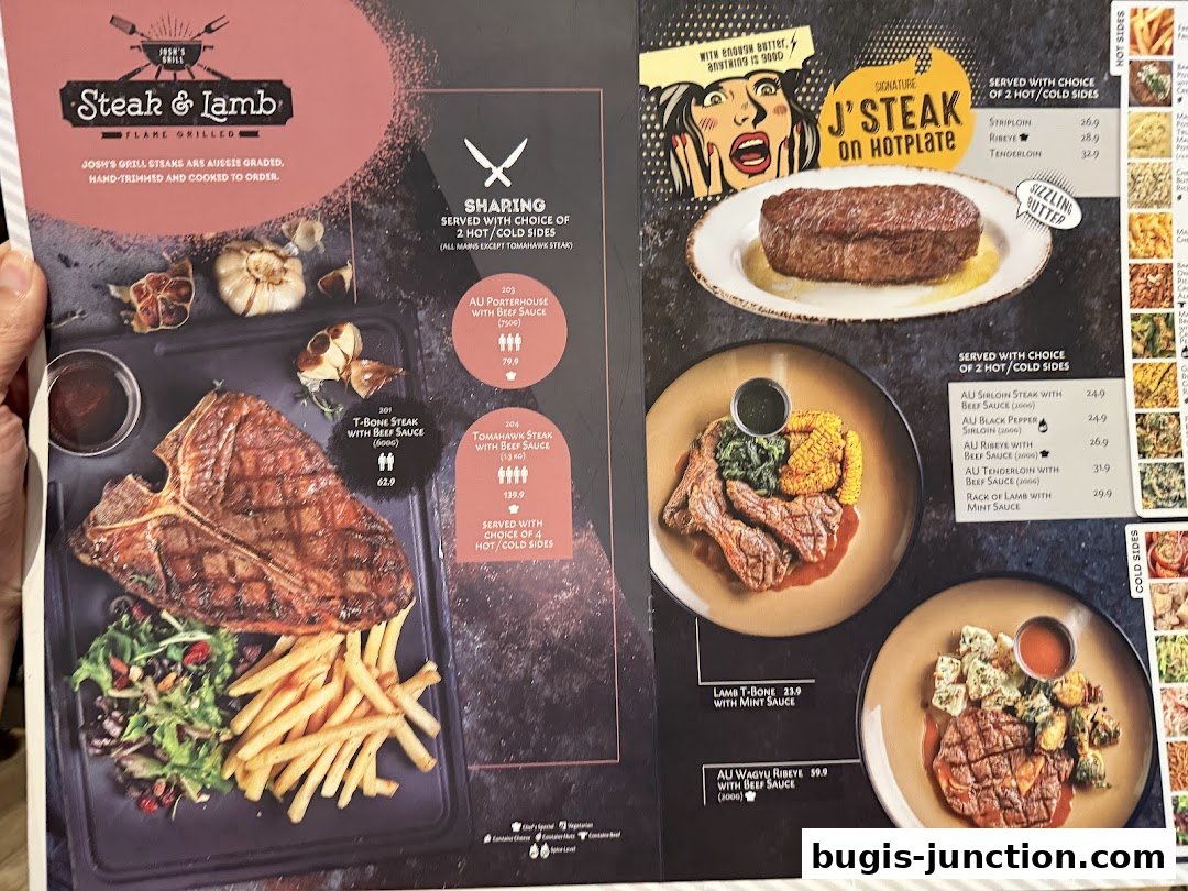 A menu from Josh's Grill featuring steak and lamb dishes with prices and descriptions.