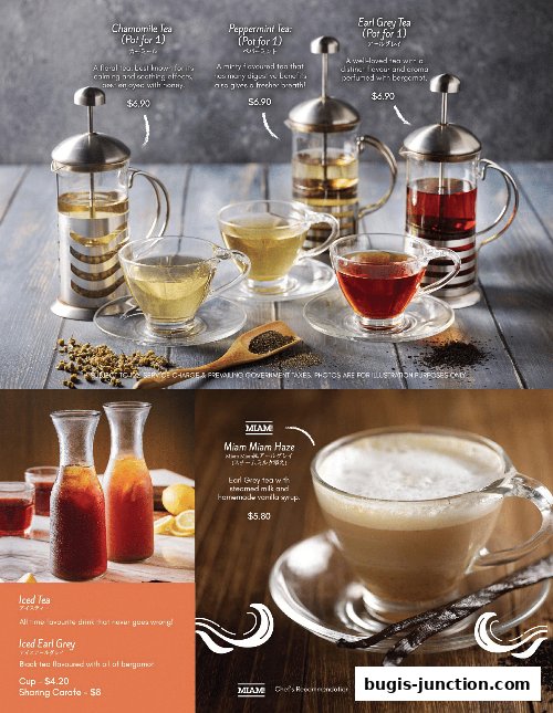 A menu showcasing various teas and a specialty coffee drink from Miam Miam.