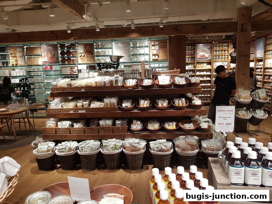 Interior of a MUJI store showcasing shelves filled with household goods and food items.