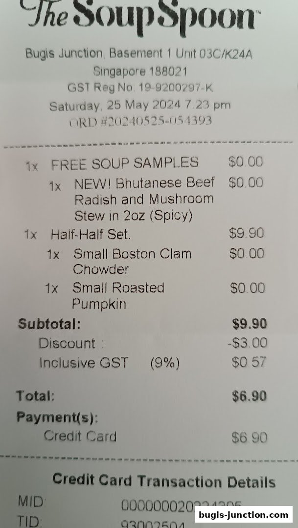A receipt from The Soup Spoon showing purchased items and transaction details.