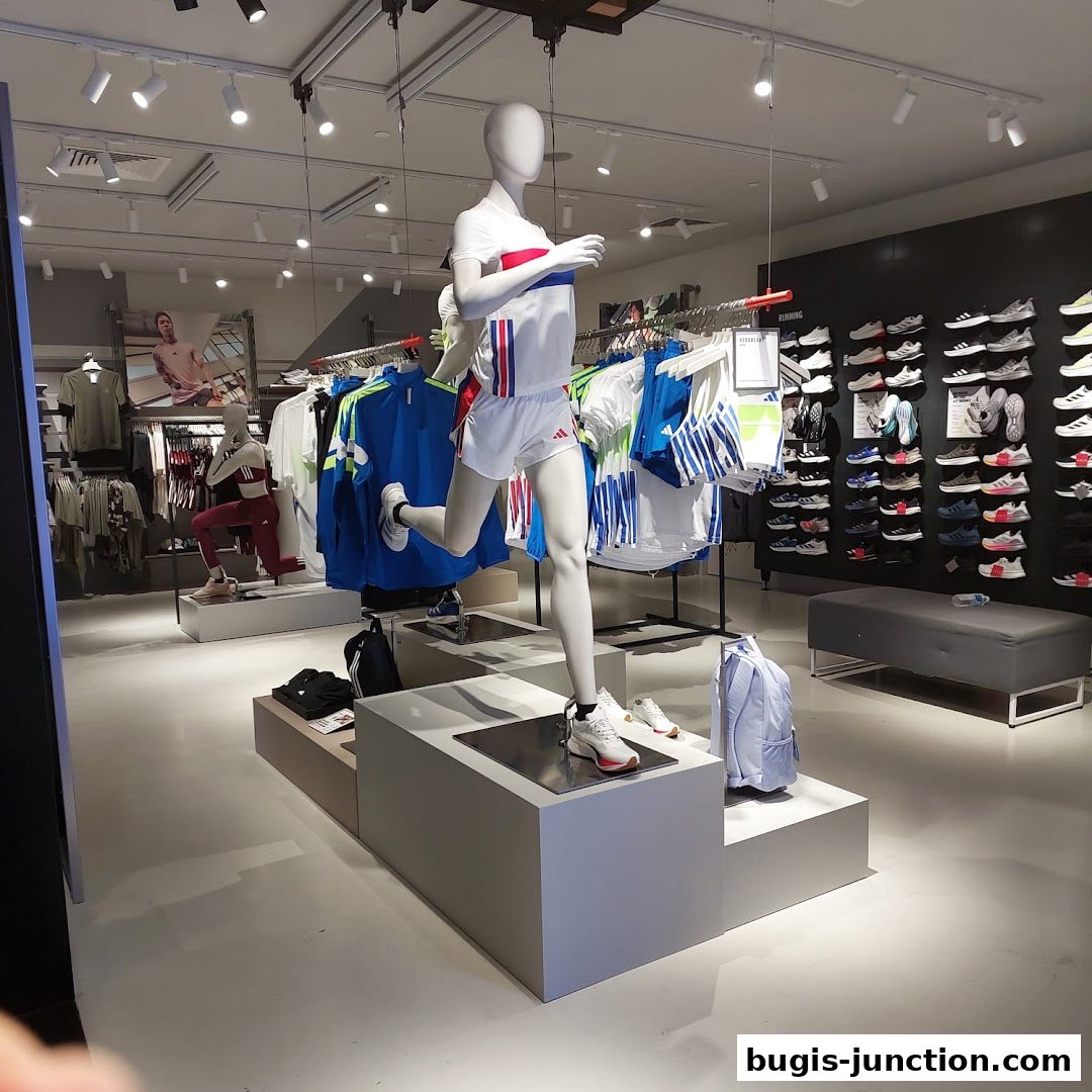 Mannequins display athletic wear and shoes inside an Adidas store.