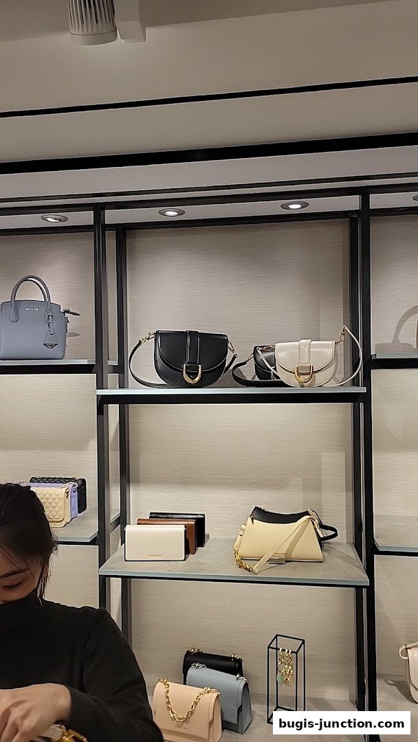 A display of various Charles & Keith handbags and accessories on shelves.