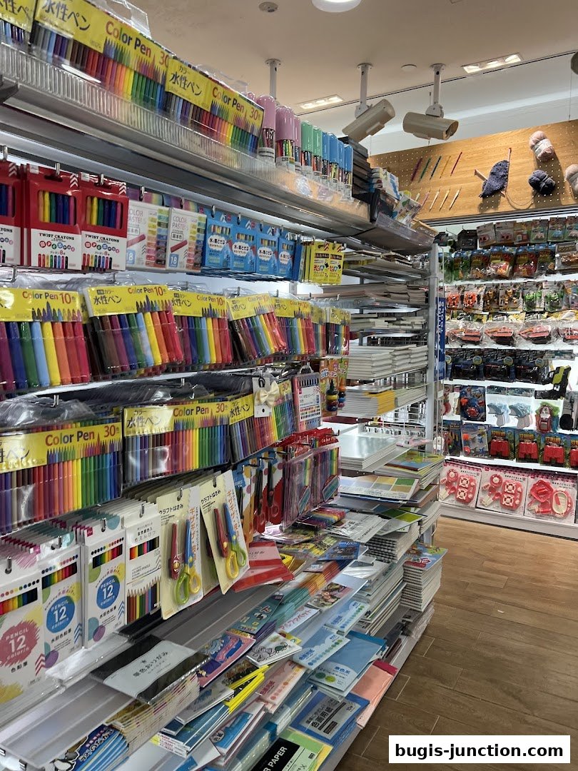 A wide selection of colorful art supplies, including pens, pencils, and scissors, neatly displayed on shelves.