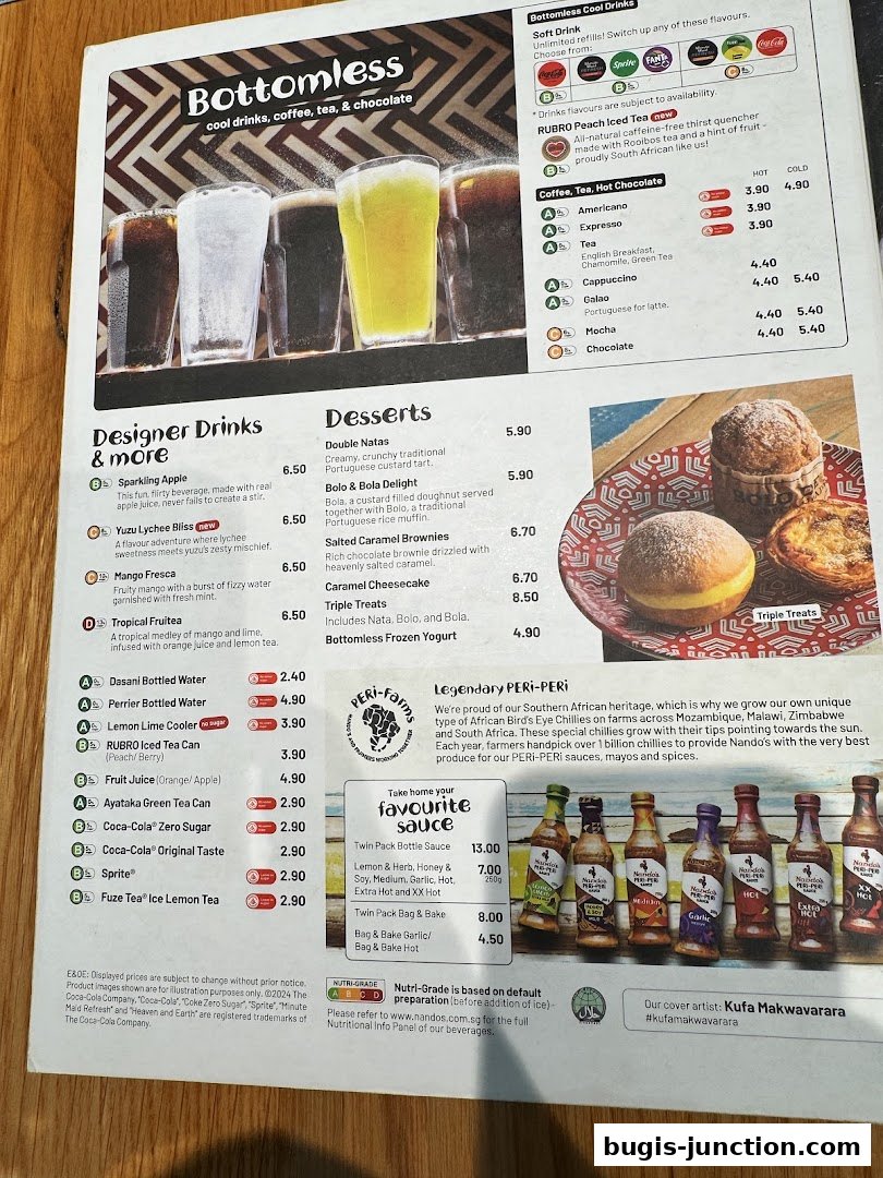 A menu featuring drinks, desserts, and sauces from Nando's.